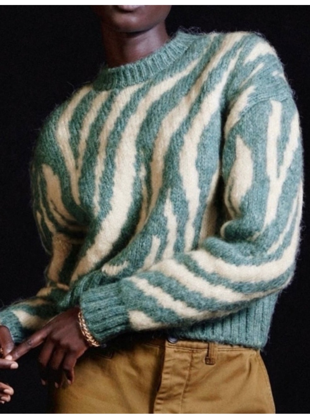 Zara Green and Cream Fuzzy Striped Knit Sweater